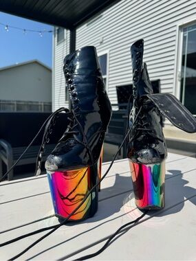 Pleaser Black Patent Lace-Up Platform Heels with Rainbow Mirror Platform